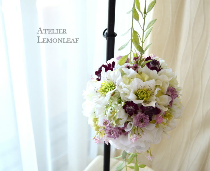 アーティフィシャルフラワー　ボールブーケ　つるして　クリスマスローズ　｜アトリエレモンリーフ