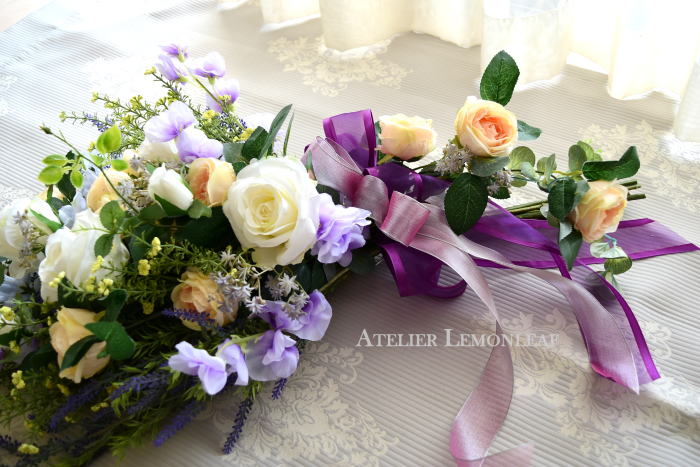 ステージ装花　ピアノ発表会　アーティフィシャルフラワーアレンジ　スワッグ　｜アトリエレモンリーフ