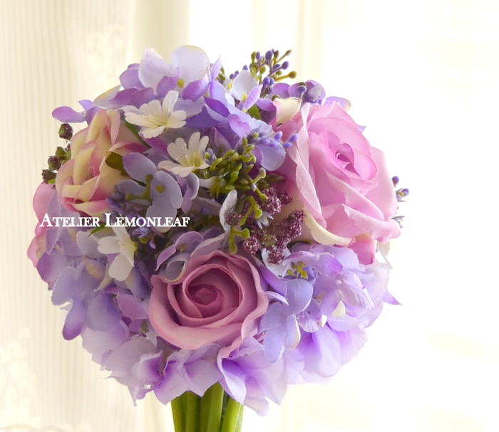 アーティフィシャルフラワー　トピアリー　ピンクのバラ　アジサイ　アップ　｜アトリエレモンリーフ　