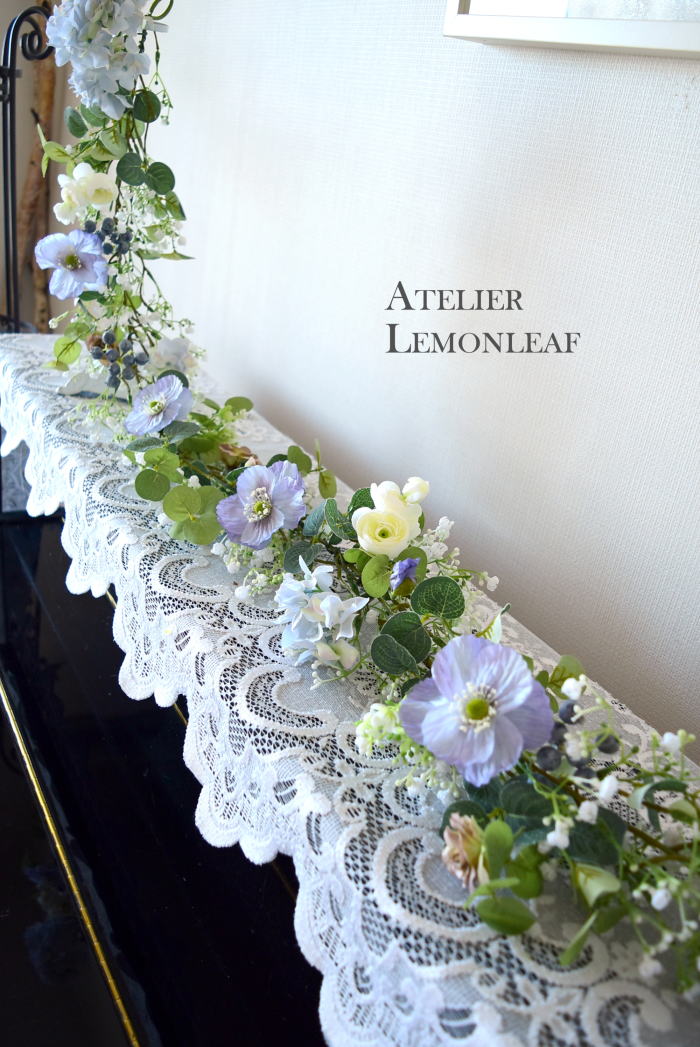 アーティフィシャルフラワー　カスミソウのガーランド　ポピーバラ　ユーカリ　アップ　｜アトリエレモンリーフ　