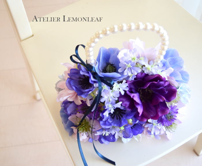 アーティフィシャルフラワー　バックブーケ　アネモネのバックブーケ　上からの写真｜アトリエレモンリーフ　