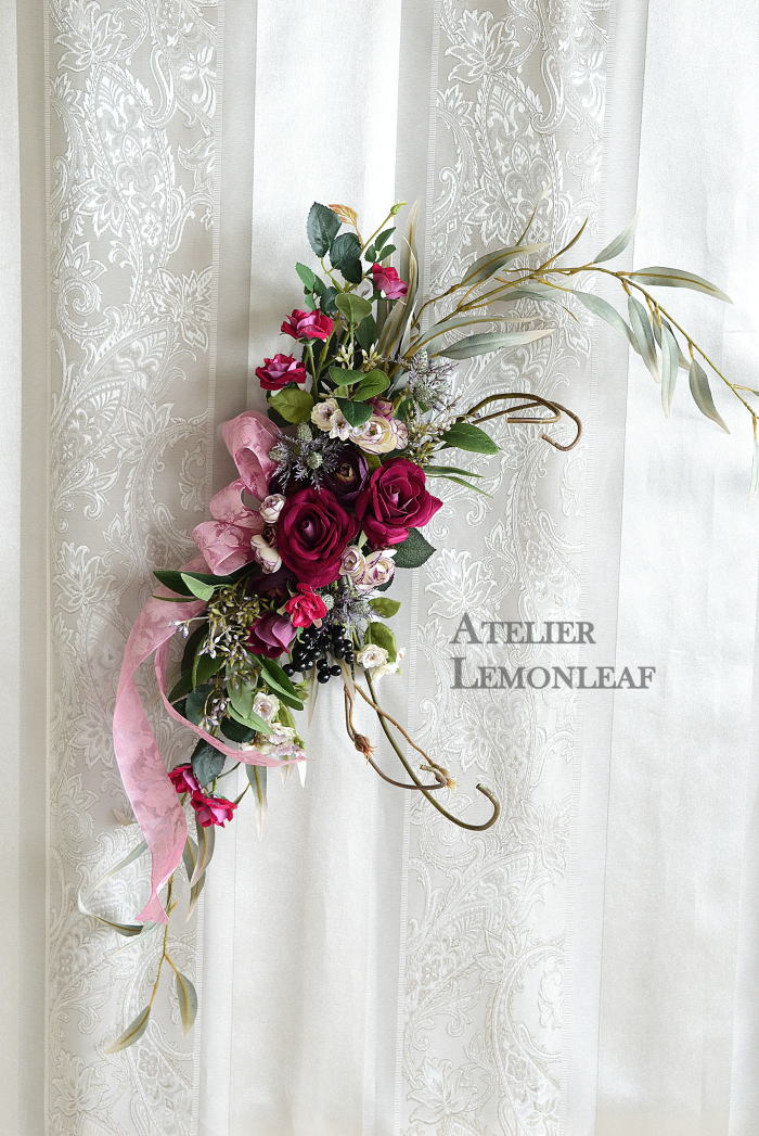 アーティフィシャルフラワー　ローズ　クレッセントスワッグ、馬蹄形リース　インテリア｜アトリエレモンリーフ　