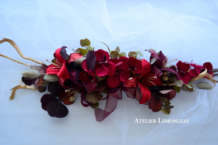 アーティフィシャルフラワークリスマスアレンジ　赤　クリスマススワッグ　造花インテリア｜アトリエレモンリーフ　