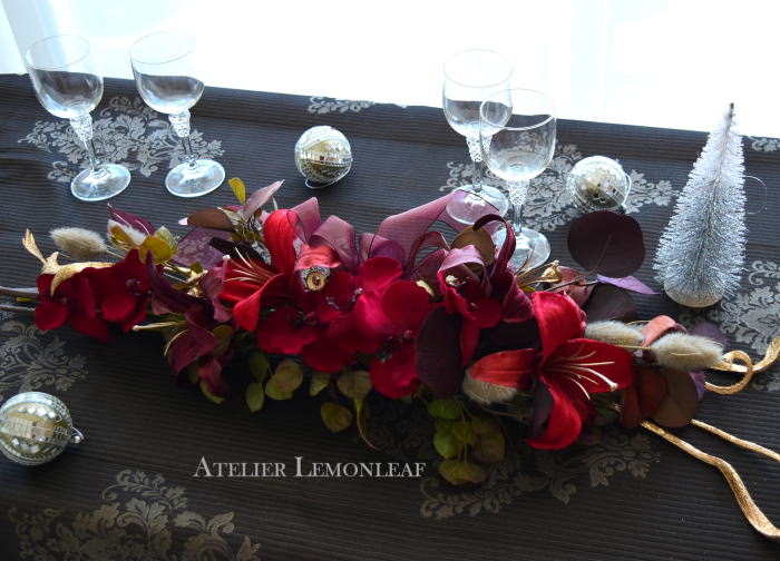 アーティフィシャルフラワー　クリスマスアレンジ　クリスマススワッグ　テーブルに  X'mas　｜　アトリエレモンリーフ　