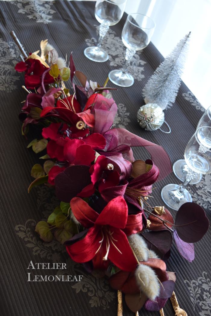 アーティフィシャルフラワークリスマスアレンジ　赤　クリスマススワッグ　テーブル造花　｜アトリエレモンリーフ　