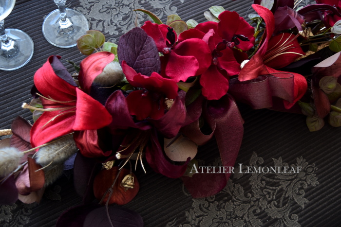 アーティフィシャルフラワークリスマスアレンジ　赤　クリスマススワッグ　テーブル装花｜アトリエレモンリーフ　