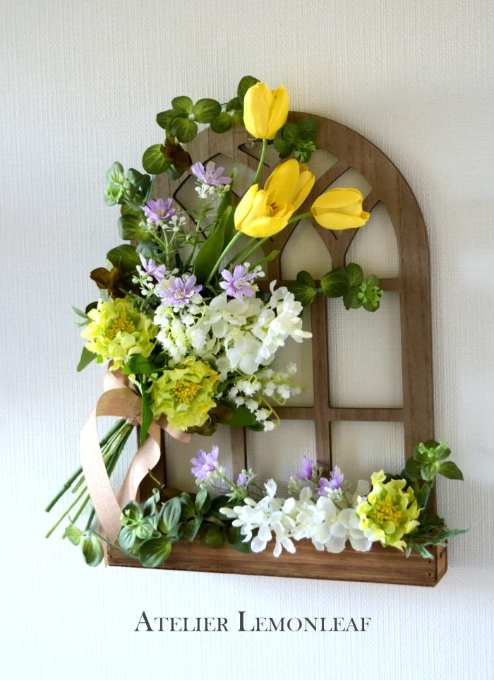 アーティフィシャルフラワーアレンジ　黄色チューリップ　フレームアレンジ｜アトリエレモンリーフ