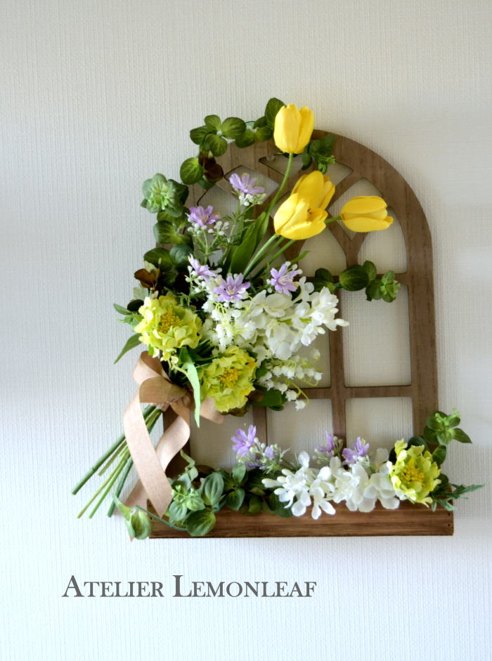 アーティフィシャルフラワーアレンジ　黄色チューリップ　フレームアレンジ｜アトリエレモンリーフ