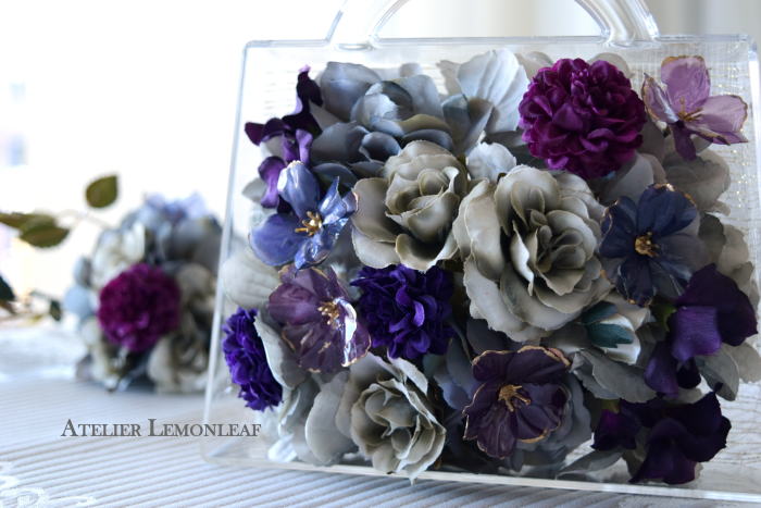 バックアレンジ、ペットフラワー　ペット素材　　アーティフィシャルフラワー　横アップ｜アトリエレモンリーフ　