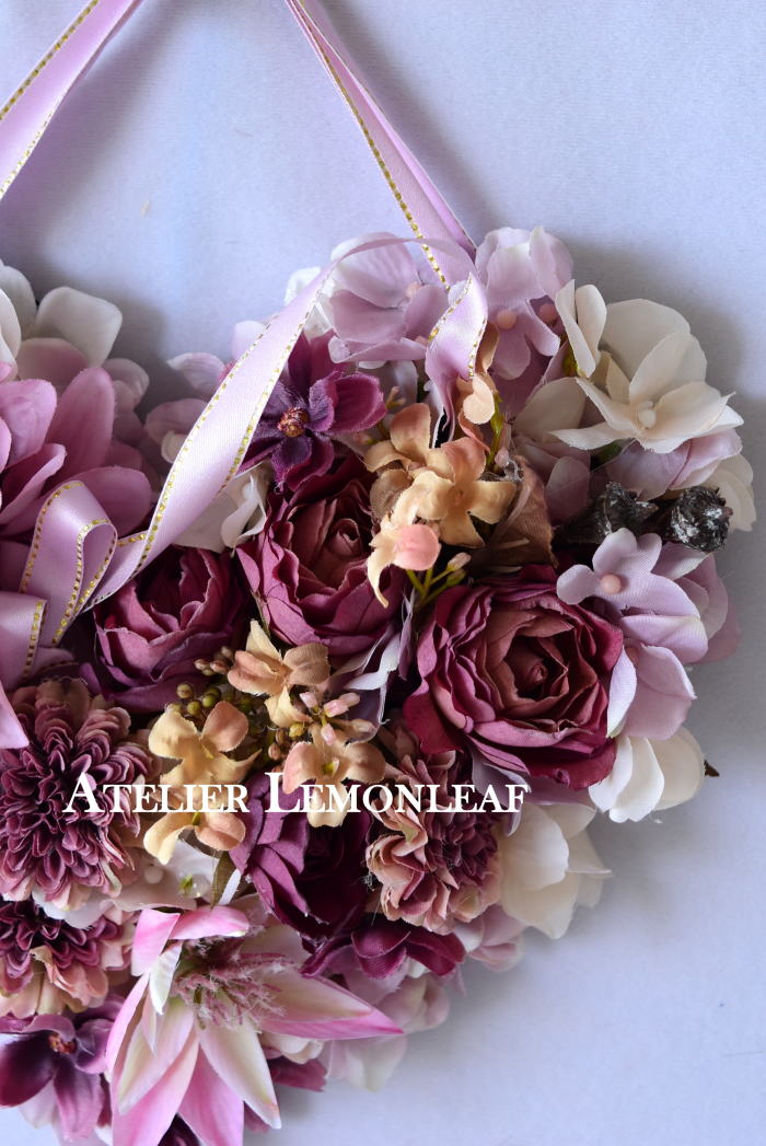 ハートアレンジ、ピンクのハート　セルリア、バラ　アーティフィシャルフラワー　2　｜アトリエレモンリーフ　