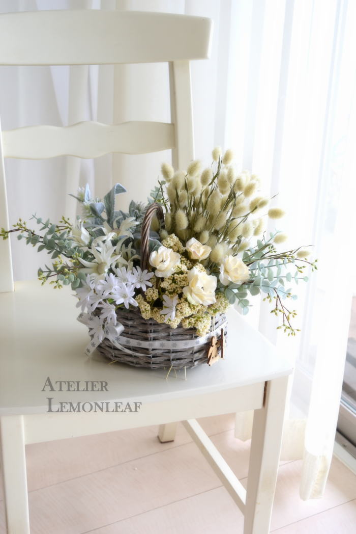 ふわふわラグラスバスケットアレンジ　ドライアレンジ｜アトリエレモンリーフ　