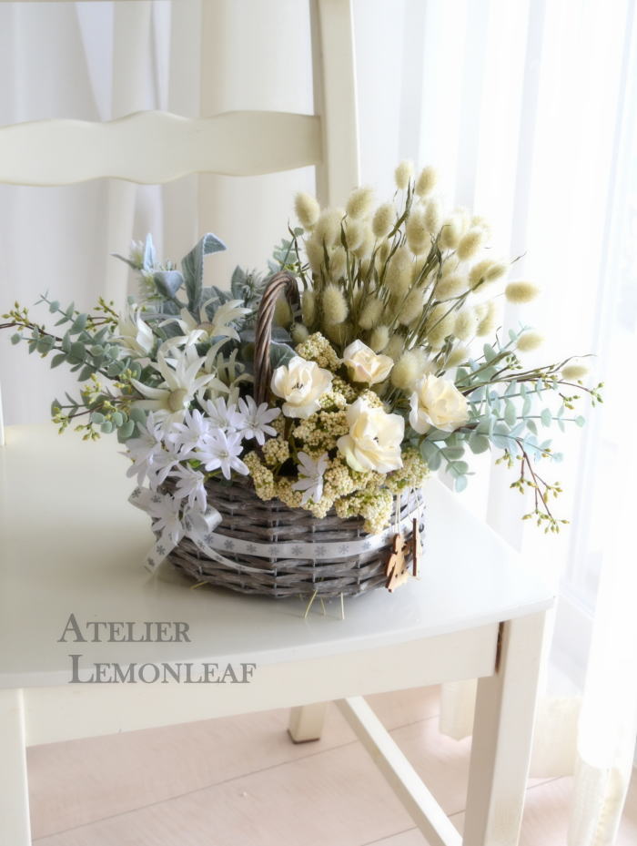 ふわふわ　ラグラスバスケットアレンジ　ドライアレンジ　　バラ　｜アトリエレモンリーフ　