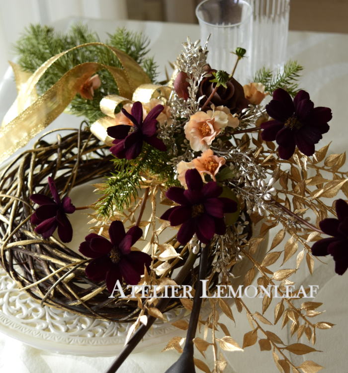 アーティフィシャルフラワー　クリスマスリース　コスモス、カーラー　アップ　｜アトリエレモンリーフ　