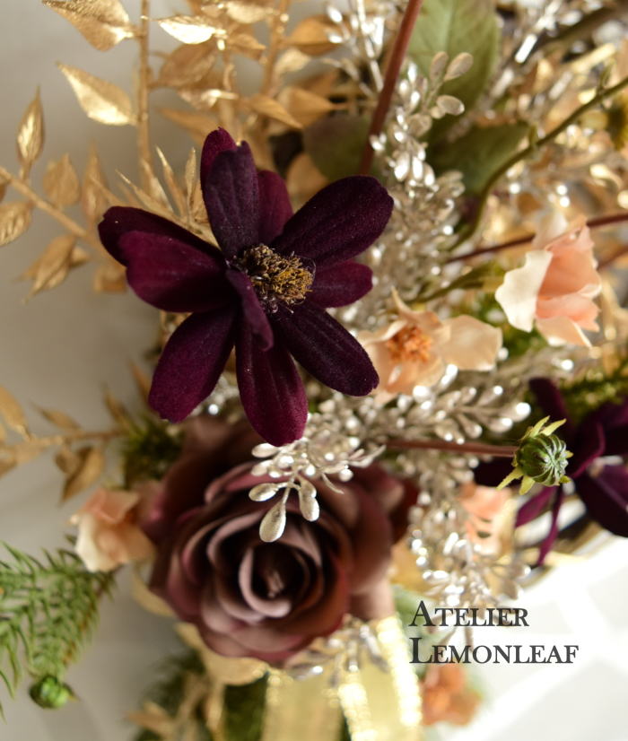 アーティフィシャルフラワー　クリスマスリース　コスモス、カーラー　アップ　　｜アトリエレモンリーフ　