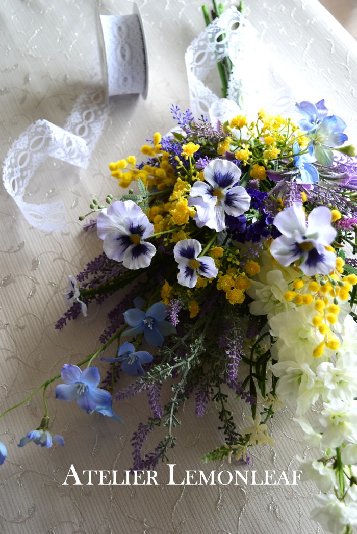 アーティフィシャルフラワー　花束　ブーケ　ミモザ　魔法のアシストリング　｜アトリエレモンリーフ　