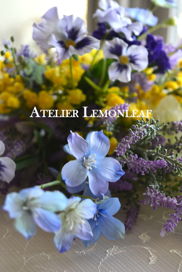 アーティフィシャルフラワー　花束　ブーケ　ミモザ　ラベンダー　魔法のアシストリング　　アップ｜アトリエレモンリーフ　