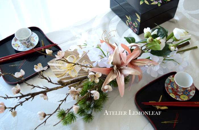 アーティフィシャルフラワー　お正月アレンジ　テーブルコーディネート　梅　｜アトリエレモンリーフ　