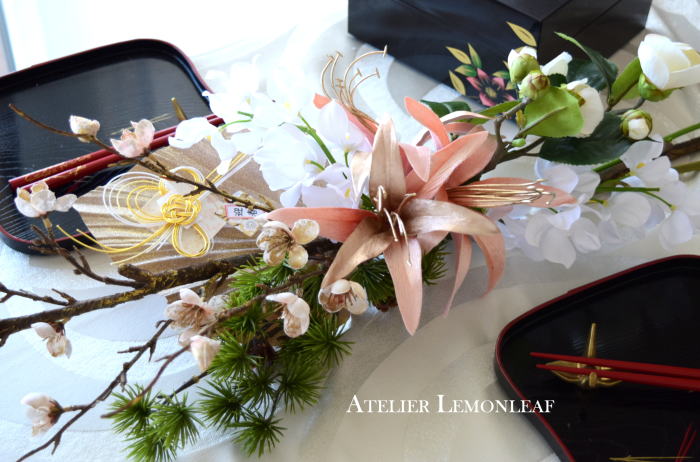 アーティフィシャルフラワー　お正月アレンジ　テーブルコーディネート　2　梅　｜アトリエレモンリーフ　