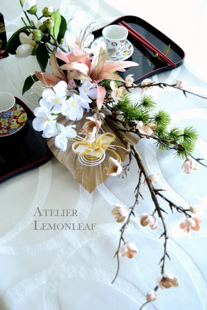 アーティフィシャルフラワー　お正月アレンジ　テーブルコーディネート　1　梅　｜アトリエレモンリーフ　