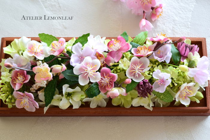 桜　梅　透明ケースアレンジ　ピンク　｜アトリエレモンリーフ　