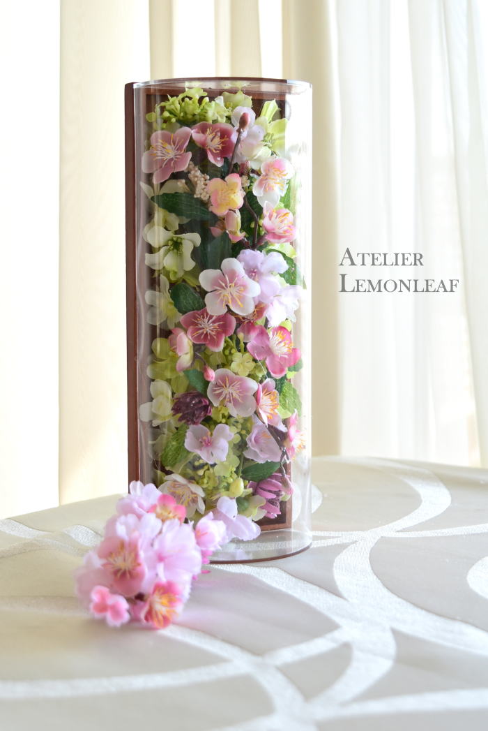 アーティフィシャルフラワー　桜　梅　透明ケースアレンジ　｜アトリエレモンリーフ　