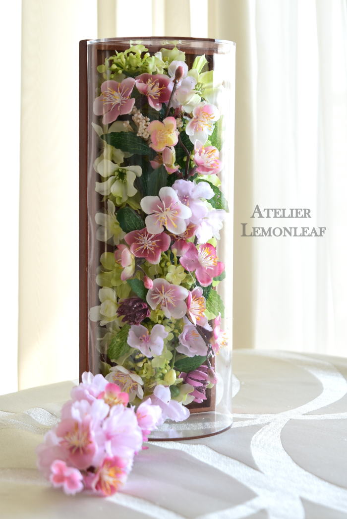 桜　梅　縦型　透明ケースアレンジ　　ボックスアレンジ　｜アトリエレモンリーフ　