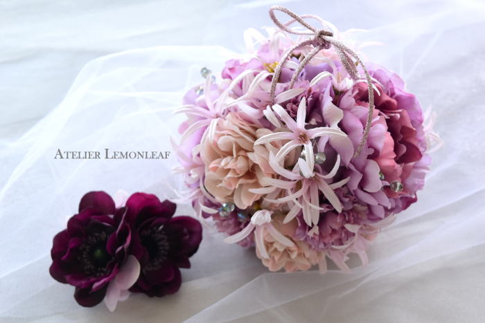 アーティフィシャルフラワー　ボールブーケ　ピオニーバラ　ピンク　　アップ｜アトリエレモンリーフ　