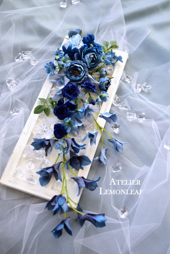 アーティフィシャルフラワー　ブルー　クラッシュアイス　フレームアレンンジ　壁掛け　1｜アトリエレモンリーフ　