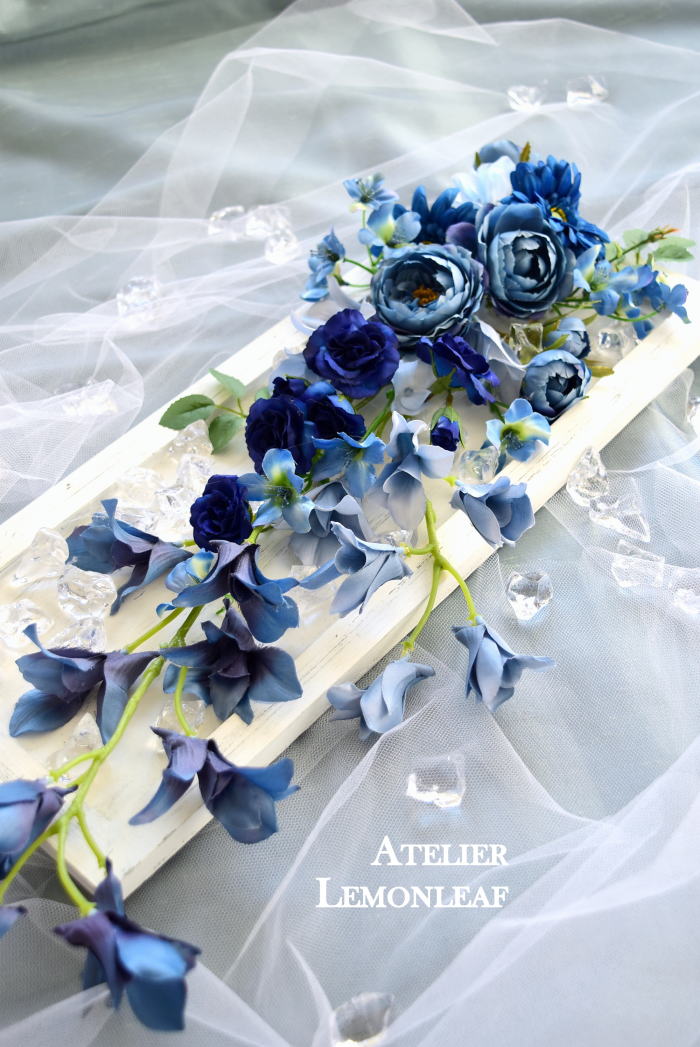 アーティフィシャルフラワー　ブルー　クラッシュアイス　フレームアレンンジ　壁掛け　2｜アトリエレモンリーフ　