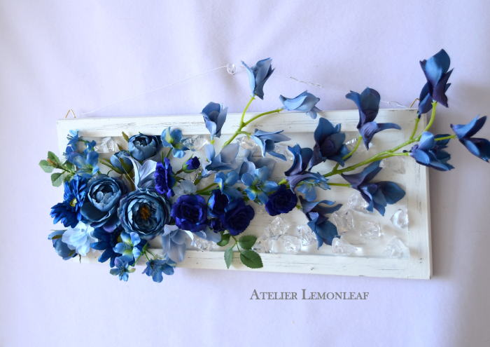 アーティフィシャルフラワー　ブルー　クラッシュアイス　フレームアレンンジ　壁掛け　上から｜アトリエレモンリーフ　