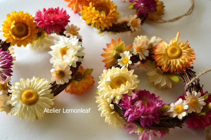 アーティフィシャルフラワー　ヘリクリサムのリース　かわいいアレンジ　オータムアレンジ｜アトリエレモンリーフ　