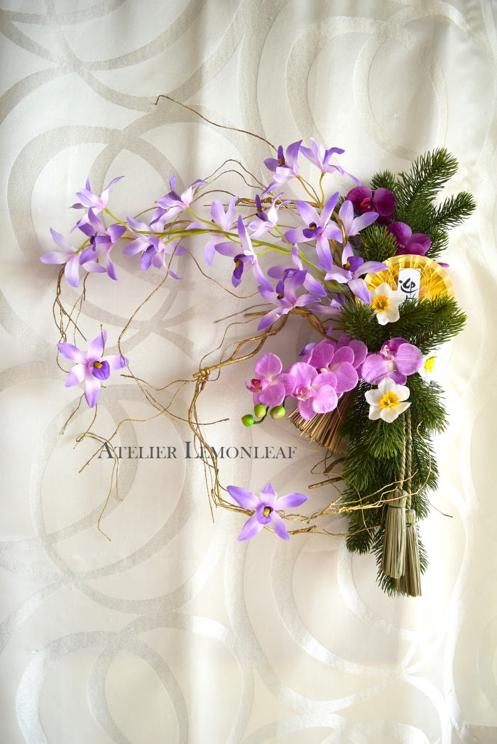 アーティフィシャルフラワー　お正月アレンジ　蘭と松｜アトリエレモンリーフ　