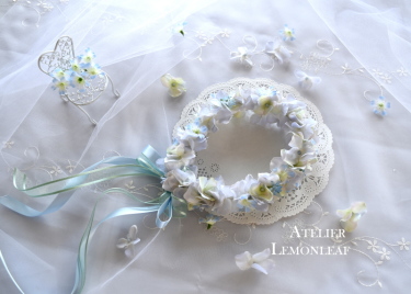 赤ちゃん用アーティフィシャルフラワーの花かんむり　ブルー　｜アトリエレモンリーフ